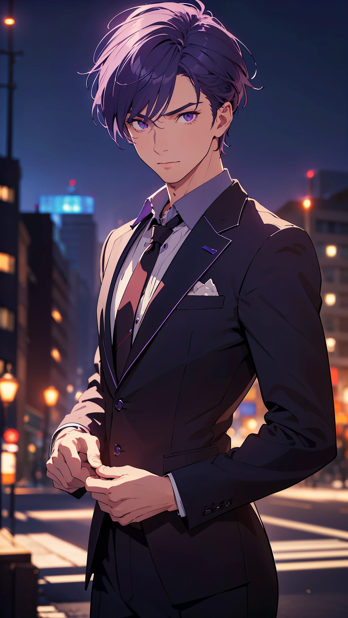 Man1, Male1, purple hair, purple eyes, classic black suit,Bumptious,(Highly detailed CG,module,8K wallpapers)،(Highest quality, high resolution, beautiful lighting, realistic shadow, high resolution)،(Detailed skin, highly detailed, detailed faces and eyes, realistic eyes, cowboy shot)
