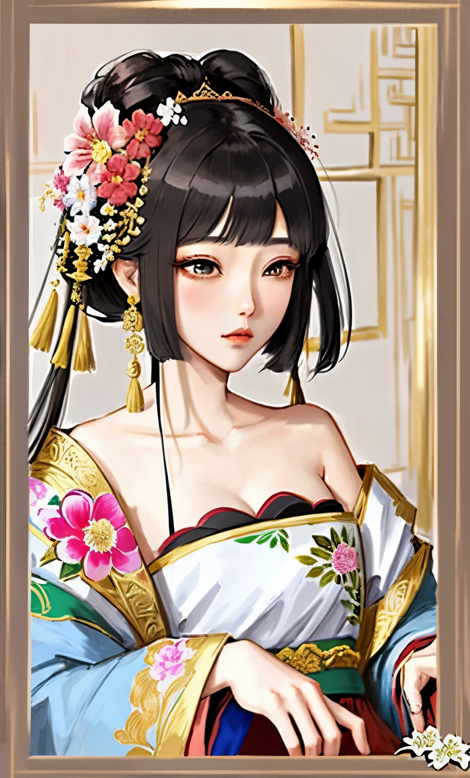 a close up of a woman with a flower in her hair, palace , a girl in hanfu, beautiful character painting, guweiz, artwork in the style of guweiz, japanese art style, beautiful anime portrait, a beautiful fantasy empress, ancient chinese princess, guweiz masterpiece, ((a beautiful fantasy empreseautiful alluring anime woman, japanese goddess