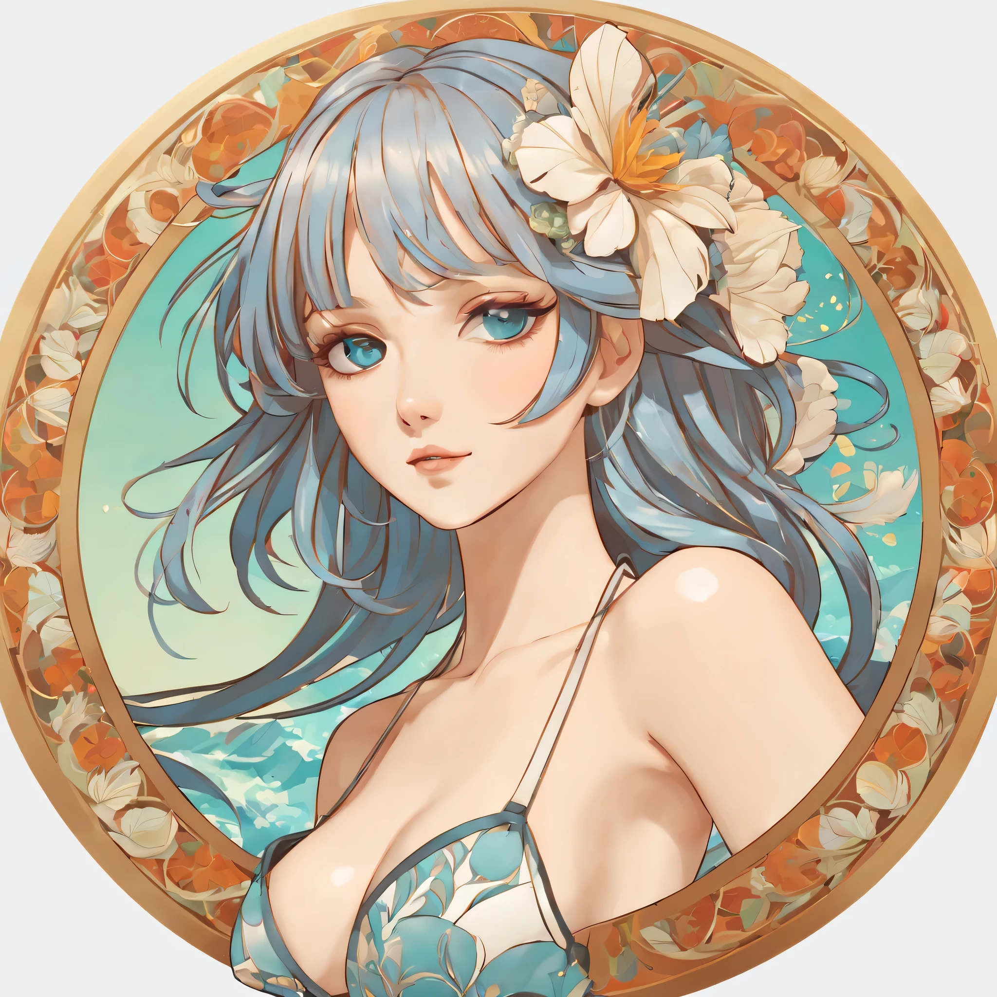(a sticker,),(3d anime girl),bikini, grace,beautiful face,(on a round background), (mucha border), Super detailed, best quality, Detailed illustration, vectorized, 8k, 专业a sticker设计, graphic design, vector line, a sticker, Full HD
