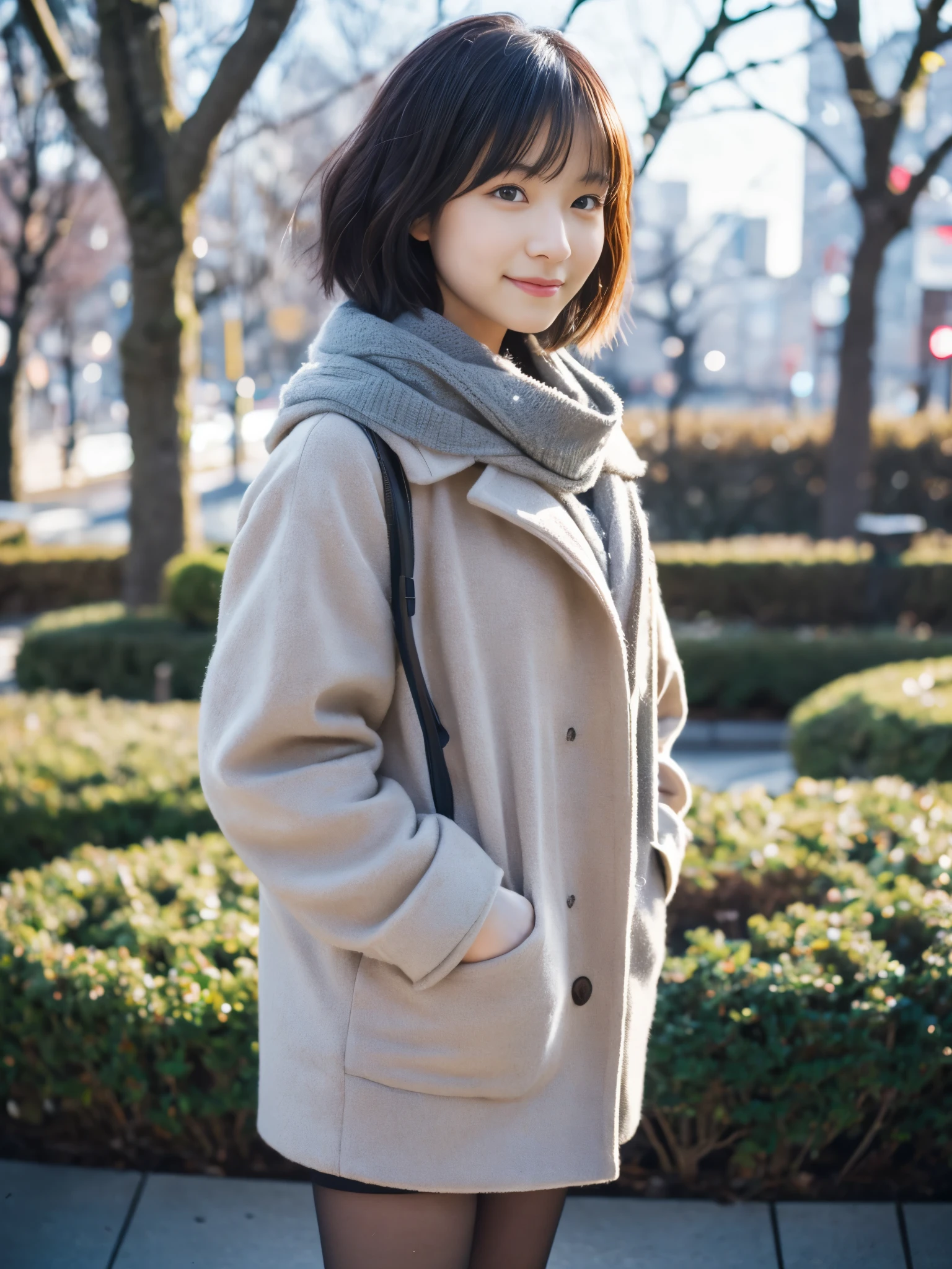 photorealistic, 8K, full body portrait, Beautiful woman, A charming expression, Clear system, short hair, 20-year-old, Tokyo, winter, Shibuya in the background