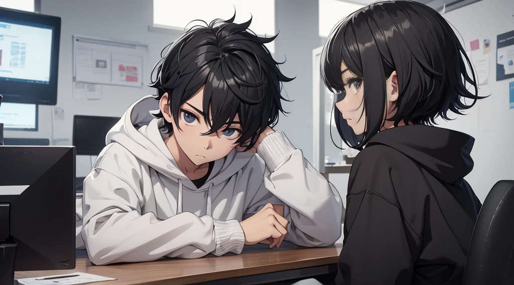 An anime boy with short black hair and a black hoodie is sitting at his office desk and writing diligently. Um garoto de 25 anos que escreve muito. Sozinho (Execute a tarefa 1 0.5) (tired expression 1.5) (Suor 1.3) (wallpaper company office 1.2) estilo anime 4k, Animation rendering, Estilo anime. 8K, rosto bonito de menino anime (Upper body screen 1.2) (menino bonito 1.3) (Cinematic Light 1.3)