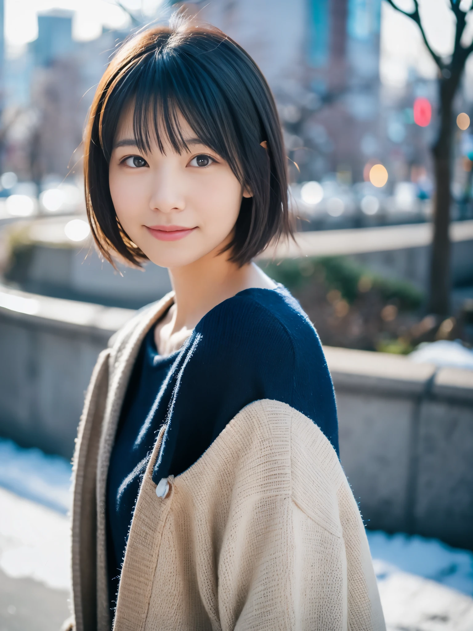 photorealistic, 8K, full body portrait, Beautiful woman, A charming expression, Clear system, short hair, 20-year-old, Tokyo, winter, Shibuya in the background