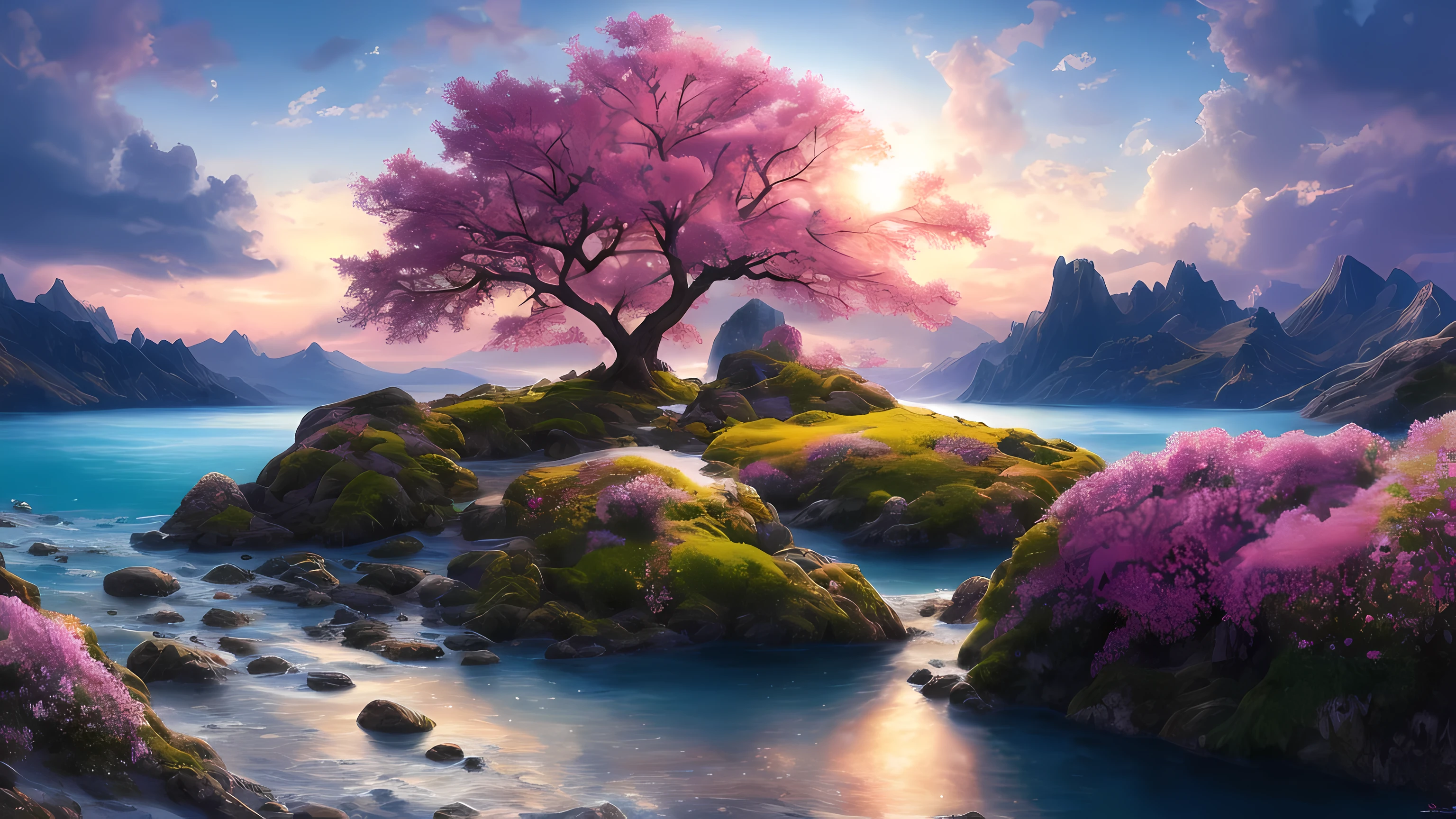 masterpiece, best quality, high quality, Extremely detailed CG unified 8k wallpaper, landscape, outdoor, Sky, cloud, Sky, no humans, Mountain, landscape, water, Tree, blue Sky, waterfall, cliff, nature, lake, river , 多cloud的Sky, Award-winning photography, Bokeh, depth of field, human development report, bloom, Color difference, Photorealism, Very detailed, Popular topics on ArtStation, cgsocial trends, complex, high detail, dramatic, halfway art