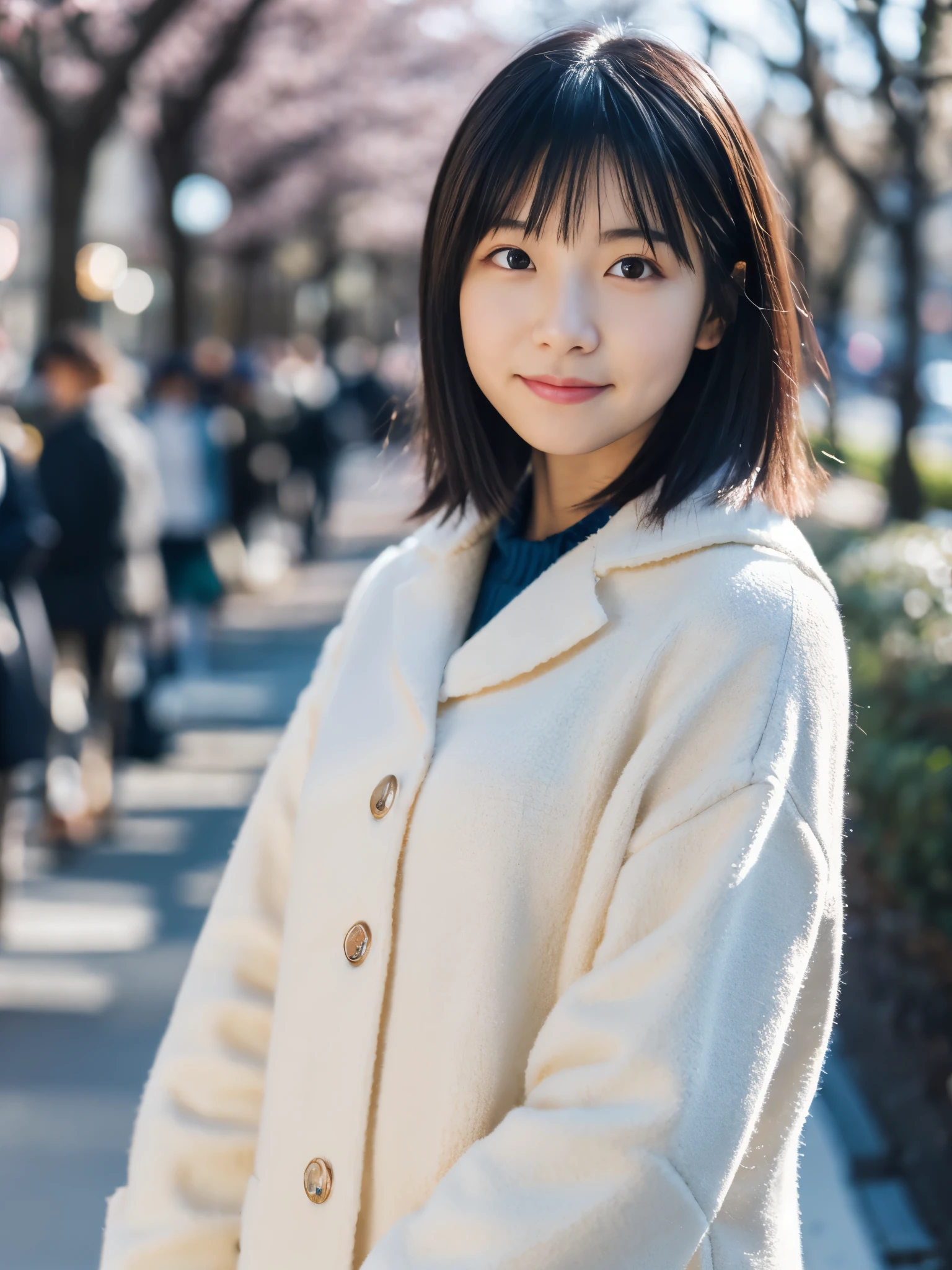 photorealistic, 8K, full body portrait, Beautiful woman, A charming expression, Clear system, short hair, 20-year-old, Tokyo, winter, Shibuya in the background