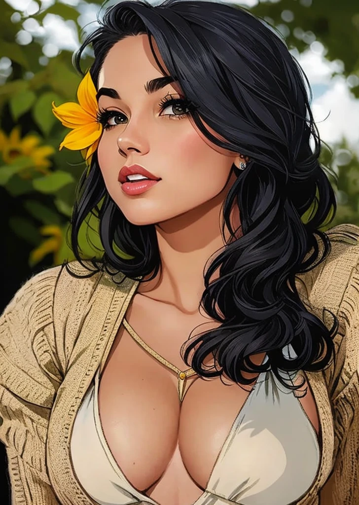 a cartoon of a woman with a sunflower in her hair, zenescope, alena aenami and artgerm, beautiful comic art, beautiful digital illustration, cute detailed digital art, beautiful digital artwork, style ivan talavera and artgerm, in style of digital illustration, comic digital art, style artgerm, style of charlie bowater