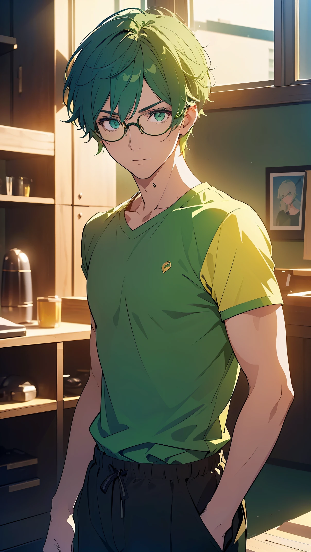 (Man1, Male1), green hair, green eyes, yellow t-shirt and black pants,Glasses, smart, (Highly detailed CG,module,8K wallpapers)،(Highest quality, high resolution, beautiful lighting, realistic shadow, high resolution)،(Detailed skin, highly detailed, detailed faces and eyes, realistic eyes)