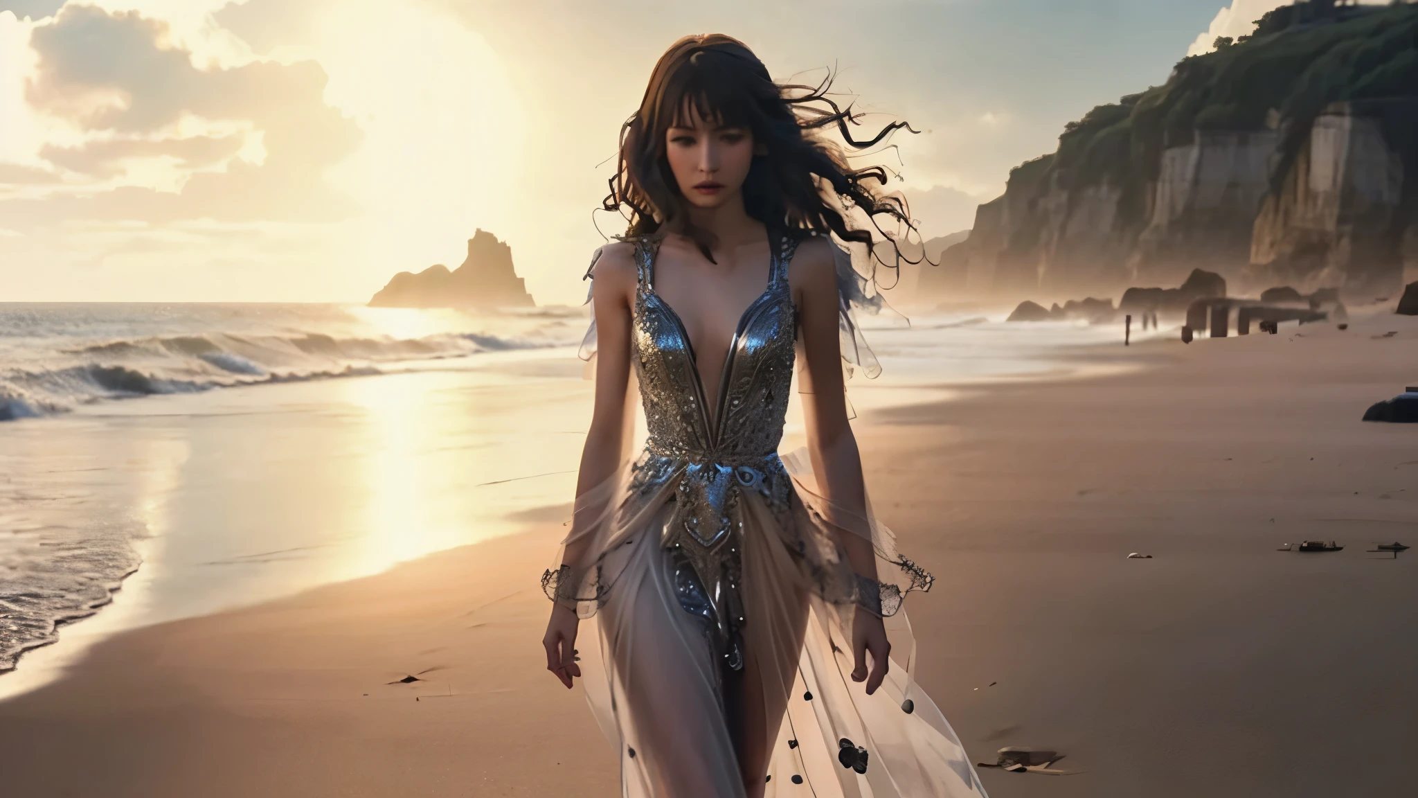 Woman in a dress walking on the beach near the sea, mysterious beauty, amazing young graceful person, fantastic still image, エレガントな映画のようなfantasy art, fantasy long intricate dress, dawn, fantastic fantasy, fantastic and dreamy, movie goddess shot, fantasy dress, fantasy art, fantasy woman, mark adams, 8K lighting