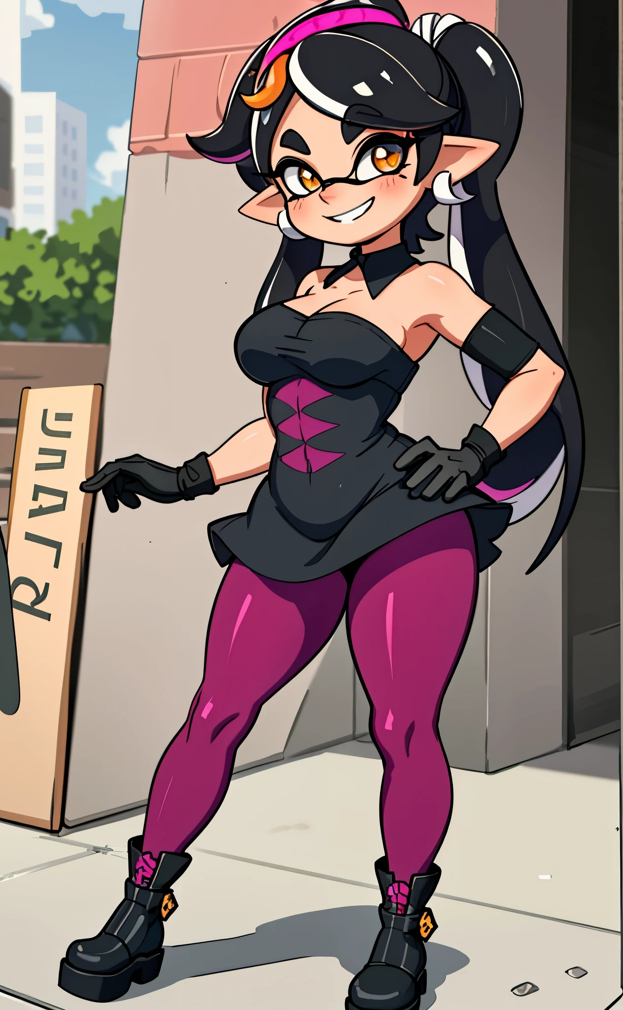 [callie], [splatoon], ((masterpiece)), ((HD)), ((high res)), ((beautiful render art)), ((solo portrait)), ((full body)), ((front view)), ((feet visible)), ((cinematic lighting)), ((anime)), ((detailed shading)), ((intricate details)), {(slim figure), (cute orange eyes), (long eyelashes), (black tentacle hair), (two toned hair), (pink highlights in hair), (hair bang), (twintails), (medium boobs), (curvy hips), (thick thighs), (beautiful legs), (blushing), (cute excited grin)}, {(short black dress), (black shorts), (pink leggings), (opaque pantyhose), (white gloves)}, {(standing), (looking at viewer)}, [Background; (city), (town square), (blue sky), (sun rays), (ambient lighting)]