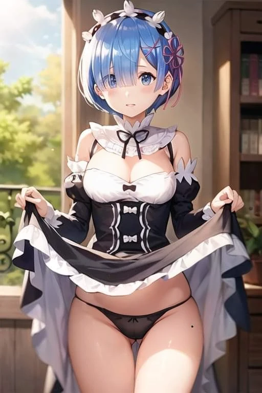 Remure Zero, 1 girl, only, oud, looking at the audience, blush, they are smiling, short hair, blue eyes, hair ornaments, tape, blue hair, outdoor, Separate sleeve, Hair above one eye, maid, maid headdress, x hair ornaments, tape rosa, Roswaal mansion maid uniform, photo background