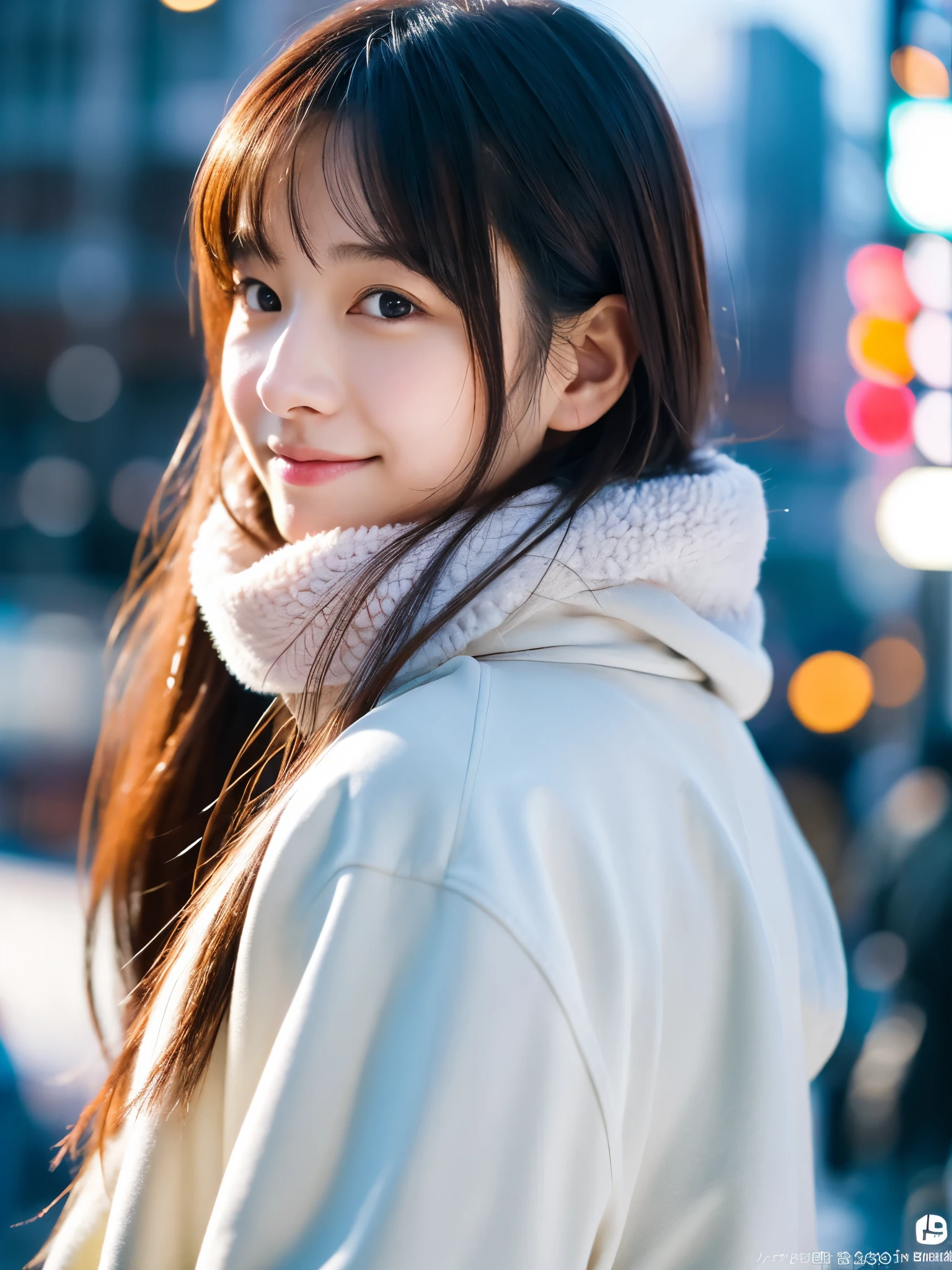 photorealistic, 8k full-length portraits, Beautiful woman, A charming expression, Clear system, 18-year-old, Tokyo, winter, Shibuya in the background