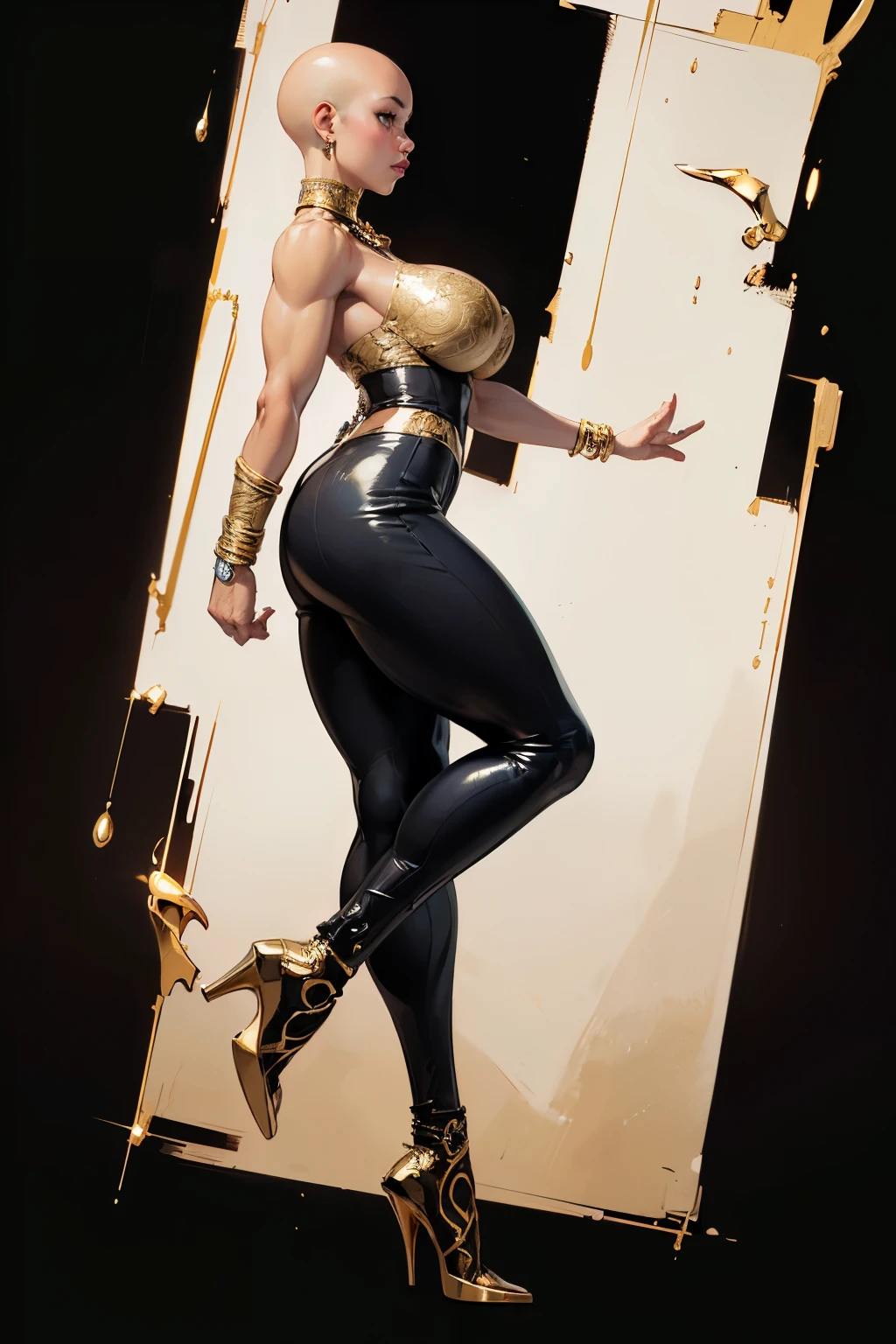 8k ((full body view)) (large eyes:1.3), (puffy lips:1.4), defined cheekbones, ((legs spread:1.1)), looking back, ((the pit style:1.4))((bra1.6)), tight pants, sash, ((intricate details:1.4))detailed face:1.5), light skin,(puffy lips:1.5) (light skin:1.6), (bald woman:1.7), (skinhead) ((sexy pose)),(Muscular:1.3), ((gigantic breasts:1.5)), )highly detailed, ((side view:1.6)), majestic, digital photography, art by artgerm and ruan jia and greg rutkowski, ((jewelry around leg:1.4)), (masterpiece), sidelighting, ((black background)), (((gold color palette)))