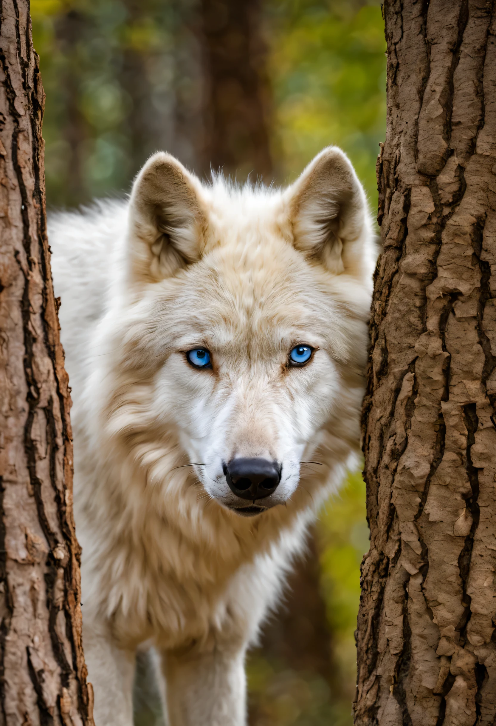 arafed white wolf looking at the camera with a tree in the background, a white wolf, white wolf, wolves and their treasures, white wolf with blue eyes, he has yellow wolf eyes, portrait of a wolf, photo of wolf, lone wolf, great wolf, by Wolf Huber, wolf, white - haired fox, wolf portrait, white fox, wolp
