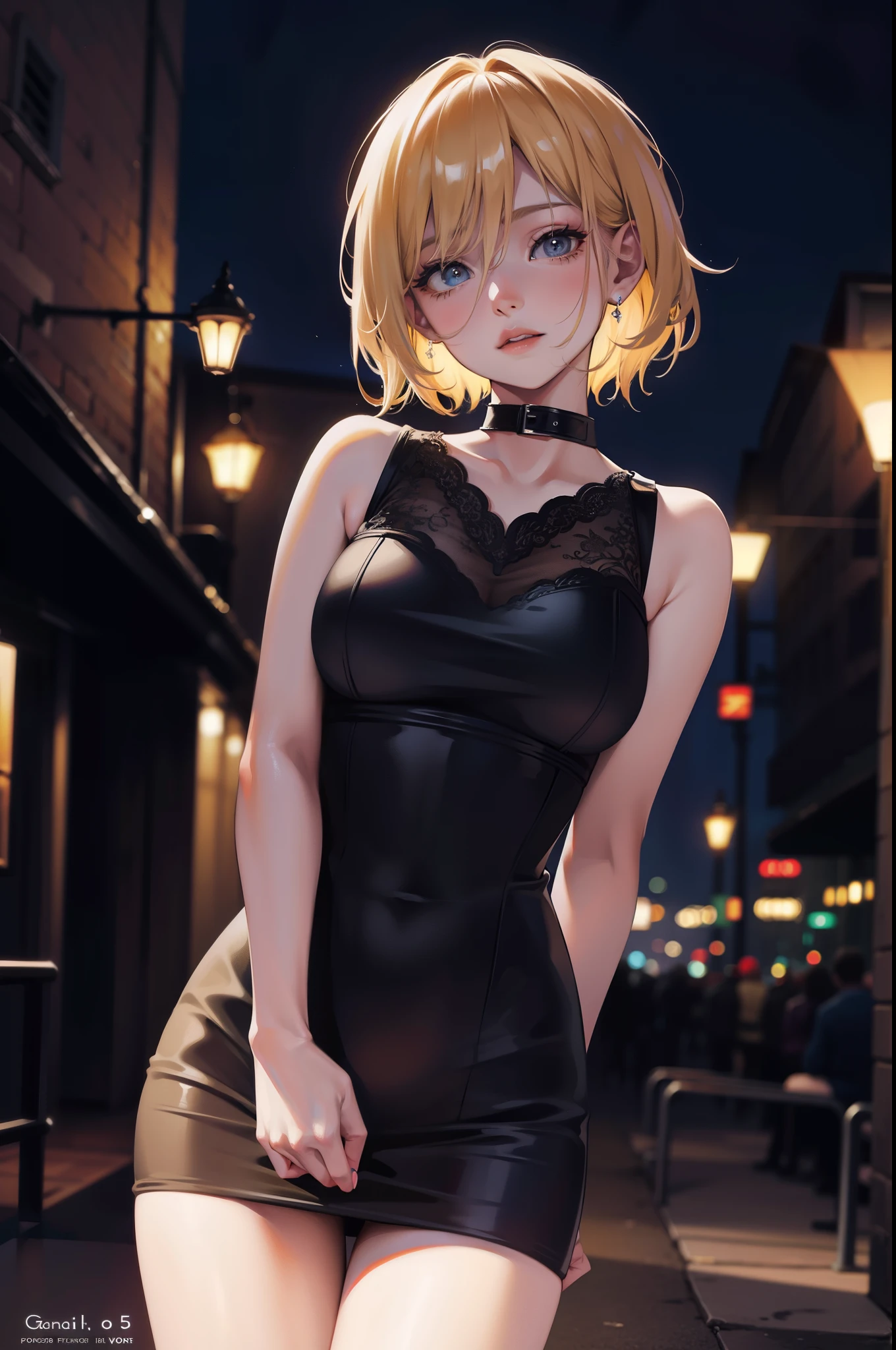 Short blonde hair，the night，A girl，deep shading，cold light，low tune，in the darkness nigth，RAW photogr，best qualtiy，tmasterpiece，Ultra-high resolution，Realistic1.5