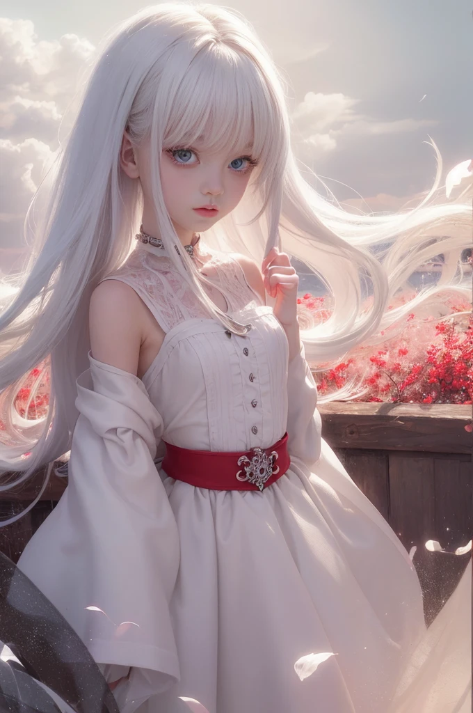 beautiful illustration, best quality, cute petit girl, (transform sequence), transform magical girl, chibi, white magical girl, fractal art, albino, babyface, long pure white and red mesh hair, beautiful detailed red eyes, cinematic lighting, cowboy shot, looking at viewer, from bottom, happy