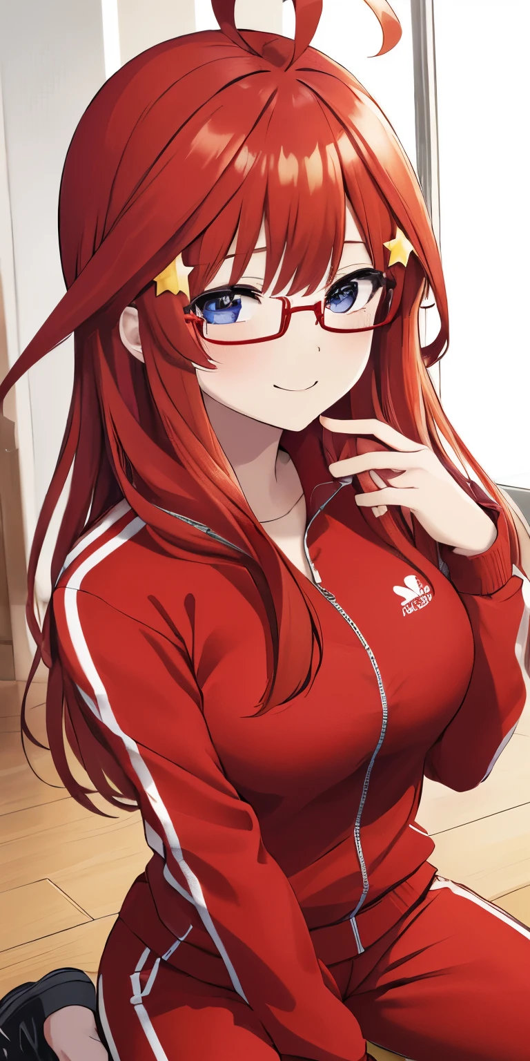 master piece, best quality, ultra high resolution, highest quality, anime調, Best Lighting, Beautiful face, Satsuki Nakano, Itsuki Nakano, 2D, masterpiece, highest quality, anime, very detailed, 1 girl, solo, face focus, Masaki Nakano, red hair, long hair, star hair ornament, Ahoge, (plain red tracksuit:1.3), long sleeve, red jersey pants, (Red-rimmed glasses:1.3), (hairpin:1.2), indoor, (Waryza on the floor:1.3), study, portrait, very detailedな目, smile