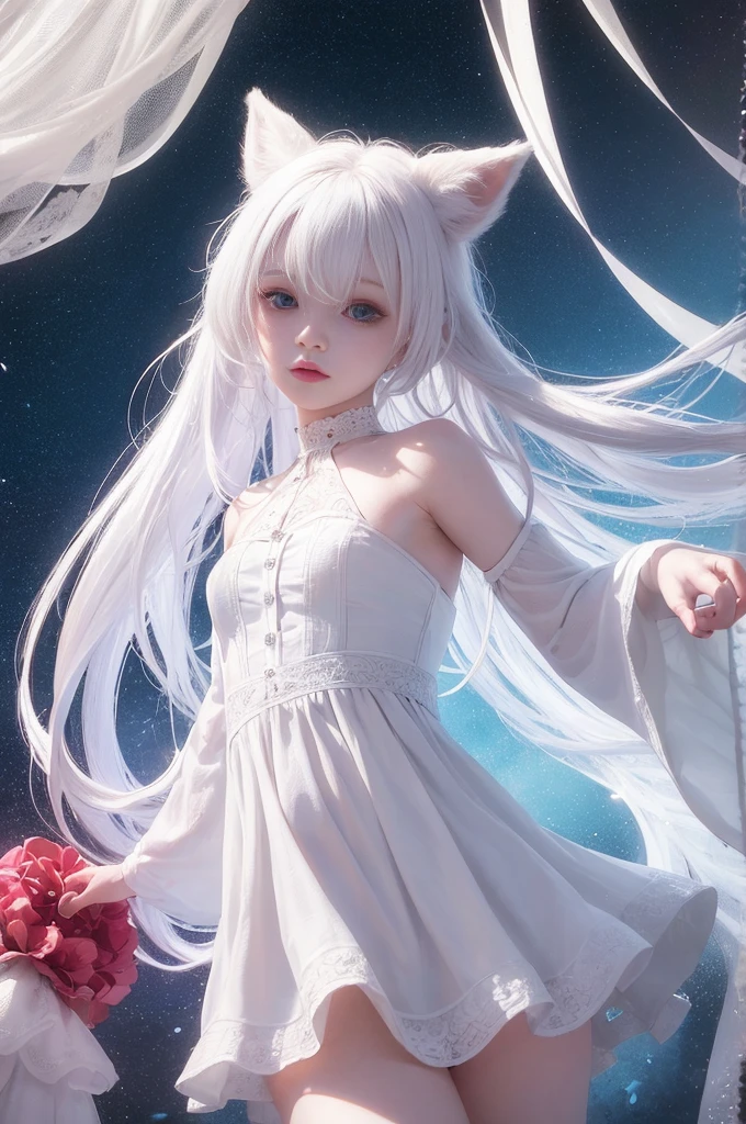 beautiful illustration, best quality, cute petit girl, (transform sequence), transform magical girl, chibi, white magical girl, fractal art, albino, babyface, long pure white and red mesh hair, beautiful detailed red eyes, cinematic lighting, cowboy shot, looking at viewer, from bottom, happy
