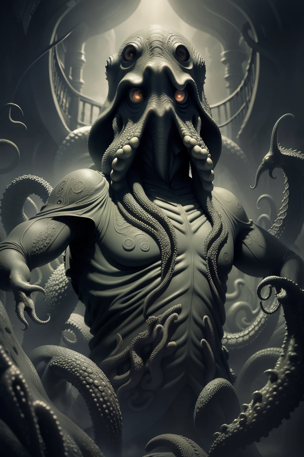 ((best quality)), ((masterpiece)), (detailed), Cthulhu,Old Day Rulers,Octopus's face is extremely detailed,intricate details,tentacle,32K resolution, natural skin texture, Surreal,Realistic skin texture, Super detailed,science fiction style,Cthulhu,maritime,Human beings rise and fall on land,dark style,Screen black and gray