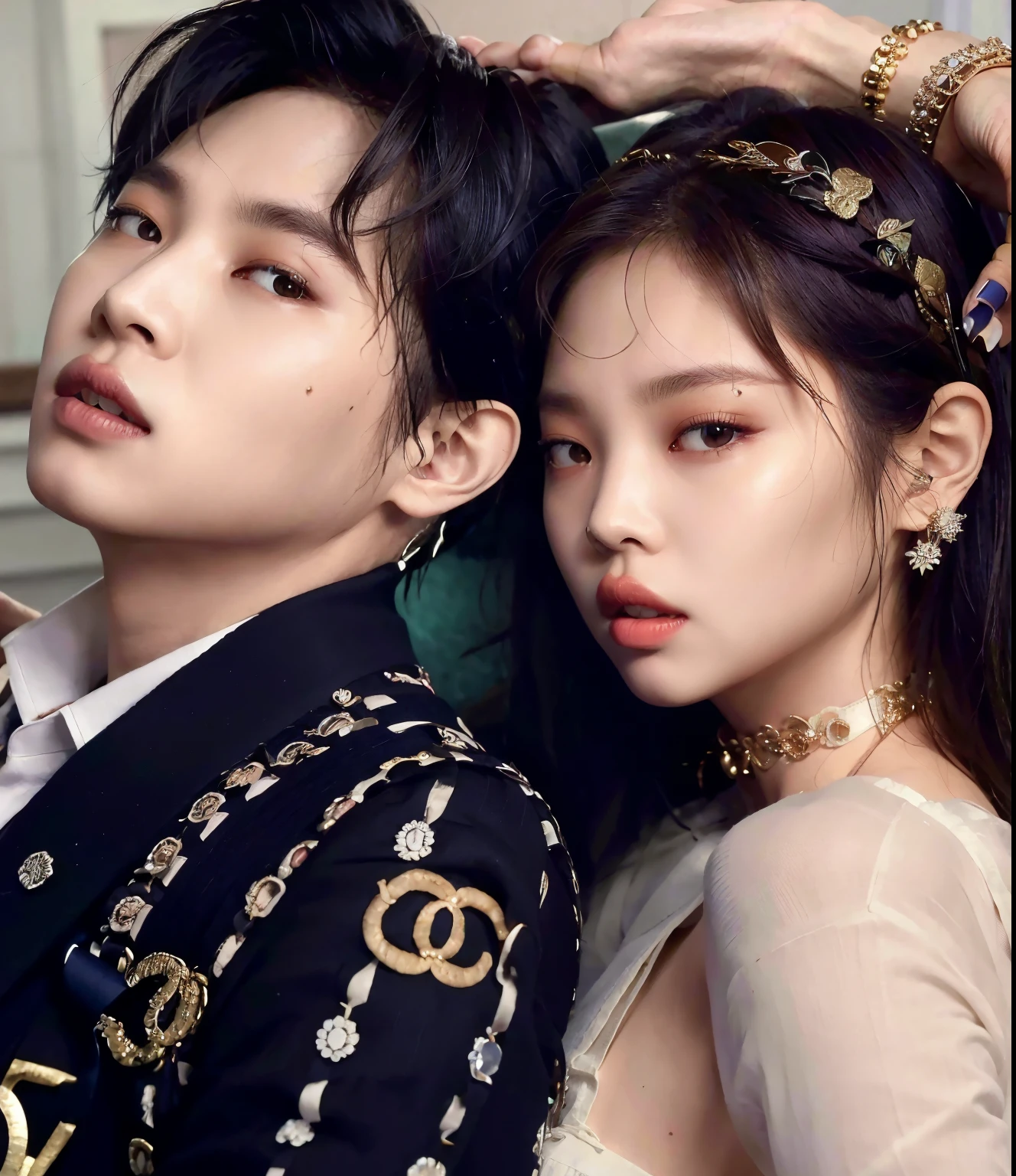 Araffe e uma mulher de terno preto e camisa branca, jennie blackpink, Lalisa Manobal, & Jeehyung Lee & Opa, Jinyoung Shin, Ulzzang, oficial artwork, k-pop, level, 9k, 9k, lovely couple, taejune kim, oficial, jia, Taoshi, romantic protagonist, Yanjun Chengt