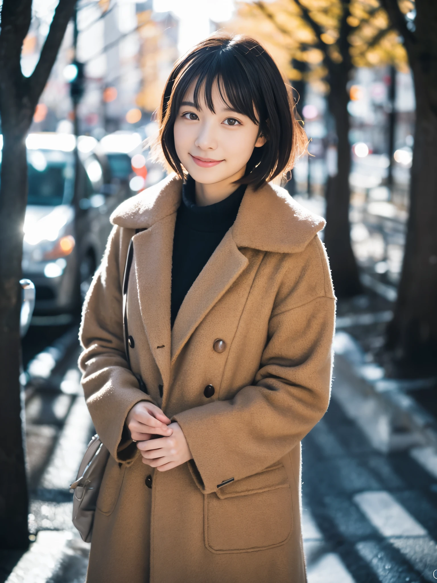 photorealistic, 8K, full body portrait, Beautiful woman, A charming expression, Clear system, short hair, 20-year-old, Tokyo, winter, Shibuya in the background