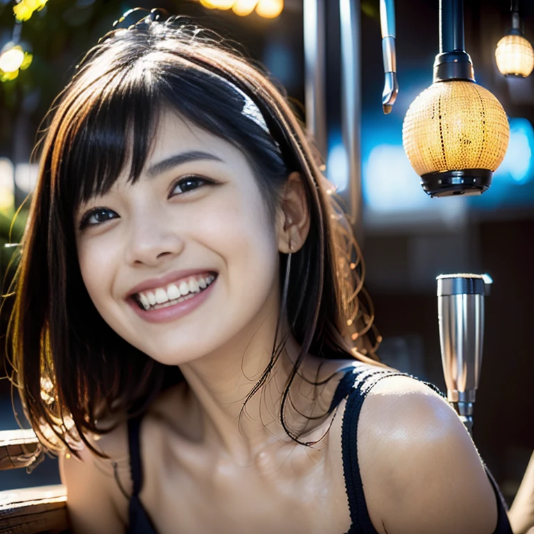 (highest quality,super detailed,High resolution illustrations,Ultra high definition CG,caustic,Improvement of skin quality,reality,masterpiece:1.2,high details,In 4K,8K,35mm lens),1 woman,round face,curly black hair(black hair:1.5),grin and laugh(grin and laugh:1.4),long hair jack daniels bottle,barカウンター,night,bar
