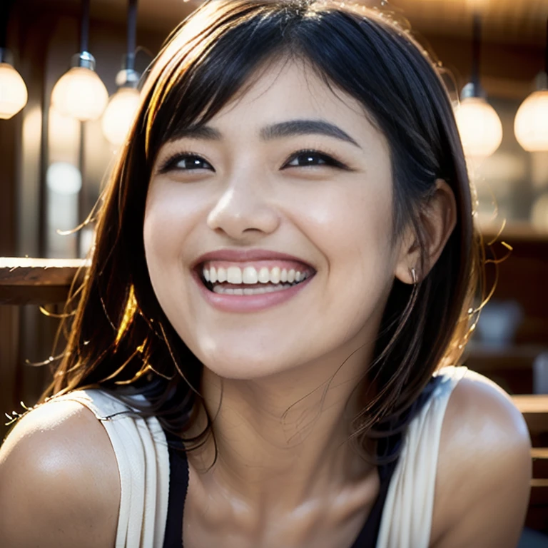 (highest quality,super detailed,High resolution illustrations,Ultra high definition CG,caustic,Improvement of skin quality,reality,masterpiece:1.2,high details,In 4K,8K,35mm lens),1 woman,round face,curly black hair(black hair:1.5),grin and laugh(grin and laugh:1.4),long hair jack daniels bottle,barカウンター,night,bar