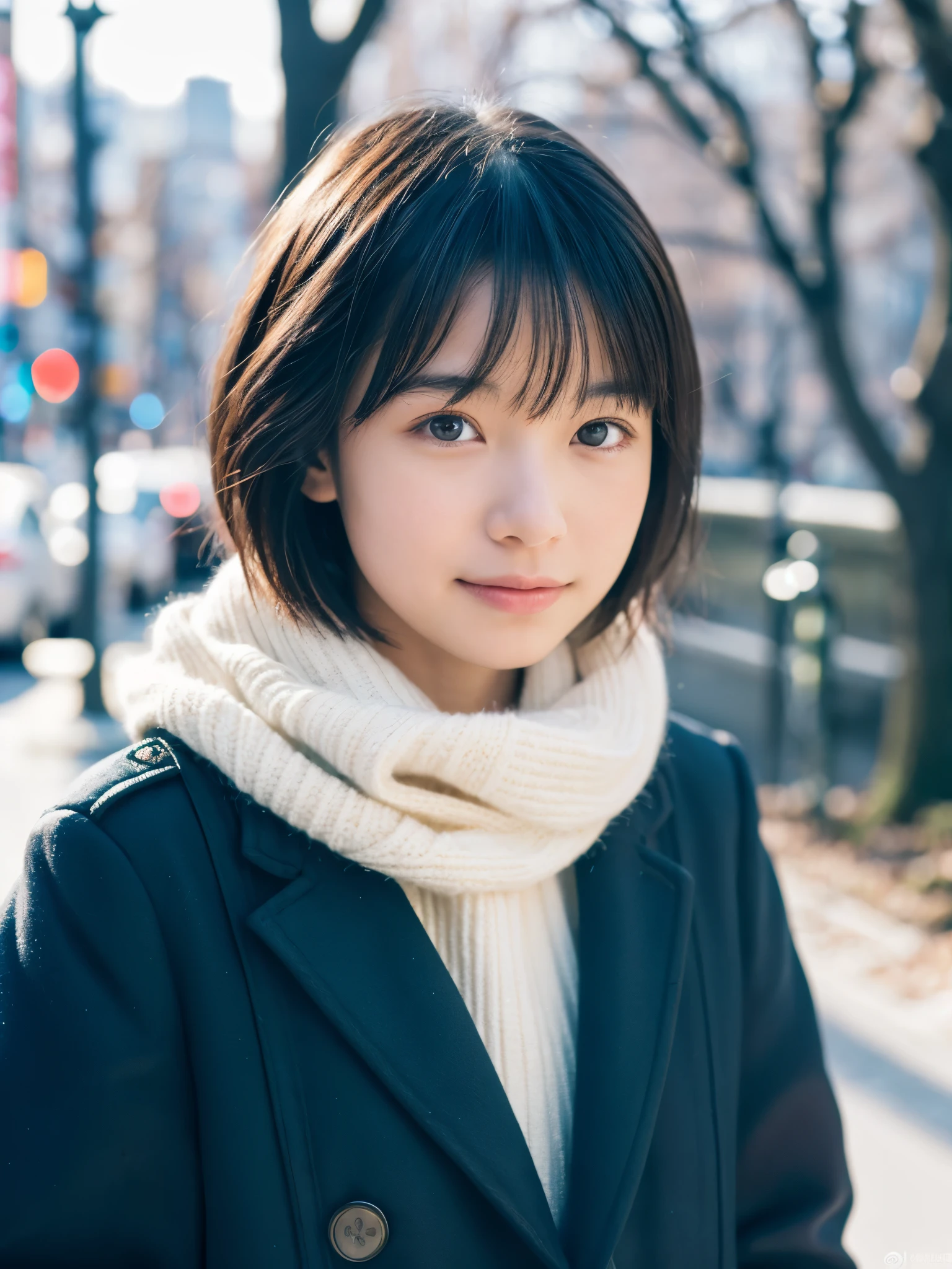 photorealistic, 8K, full body portrait, Beautiful woman, A charming expression, Clear system, short hair, , Tokyo, winter, Shibuya in the background