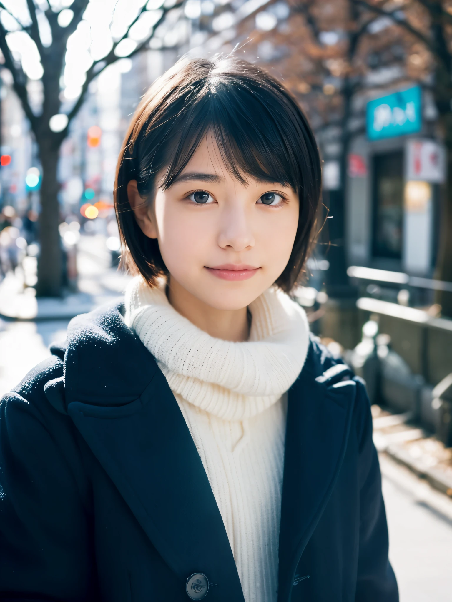 photorealistic, 8K, full body portrait, Beautiful woman, A charming expression, Clear system, short hair, 16 years old, Tokyo, winter, Shibuya in the background