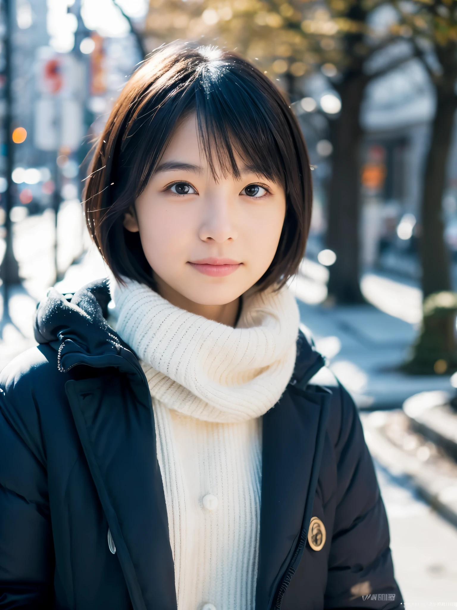 photorealistic, 8K, full body portrait, Beautiful woman, A charming expression, Clear system, short hair, , Tokyo, winter, Shibuya in the background