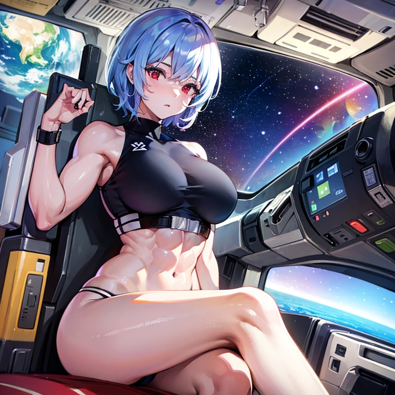 (((masterpiece、Highest image quality、highest quality、highly detailed unity 8kwallpaper)))、((Illustration of one girl))、(pilot)、(((blue silver short hair)))、red eyes、((tall))、(((muscle girl、Muscular and strong body、abs、muscular and thick arms、muscular and thick legs、stocky build、muscular legs、broad shoulders))))、(((白いpilotスーツ)))、((manspreading、Sitting in the pit、armpit))、((space fighter cockThe Universe on the Monitor、Earth seen from space))