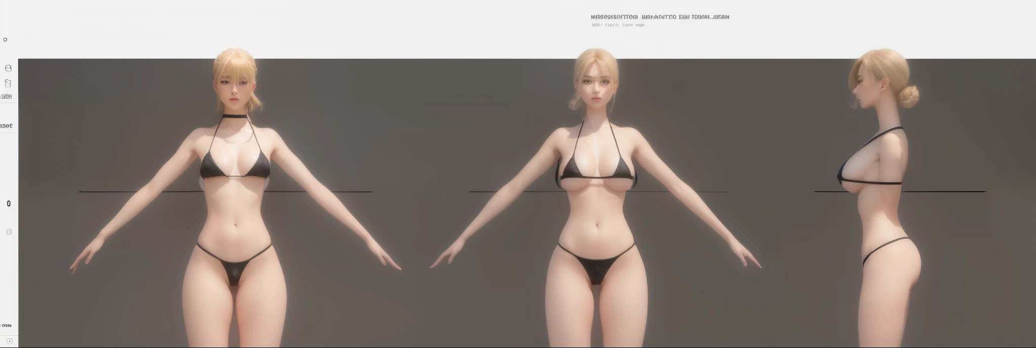 (Masterpiece, best quality: 1.2), (Super detailed), (Illustration), detailed face, a close up of a woman in a black lace bikini, oppai, butt proportions, whole body highly detailed, complete detailed body, realistically proportioned body, anime proportions, extra detailed body, realistic body proportions, realistic shaded perfect body, highly detailed body, realistic proportions sfw, detailed body, character sheet, character model sheet turnaround , fullbody shot turnaround, reference model sheet, full character body, 3 d character reference sheet, anime vtuber full body model, high quality model sheet, full body details, character design sheet, detailed full body concept, front and back, ((black bikini )), tight bikini, G-string panties, g-string, dark background, (( detailed bikini )), clear detailed, dim light