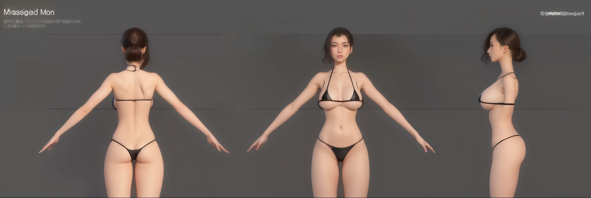 (Masterpiece, best quality: 1.2), (Super detailed), (Illustration), detailed face, a close up of a woman in a black lace bikini, oppai, butt proportions, whole body highly detailed, complete detailed body, realistically proportioned body, anime proportions, extra detailed body, realistic body proportions, realistic shaded perfect body, highly detailed body, realistic proportions sfw, detailed body, character sheet, character model sheet turnaround , fullbody shot turnaround, reference model sheet, full character body, 3 d character reference sheet, anime vtuber full body model, high quality model sheet, full body details, character design sheet, detailed full body concept, front and back, ((black bikini )), tight bikini, G-string panties, g-string, dark background, (( detailed bikini )), clear detailed, dim light