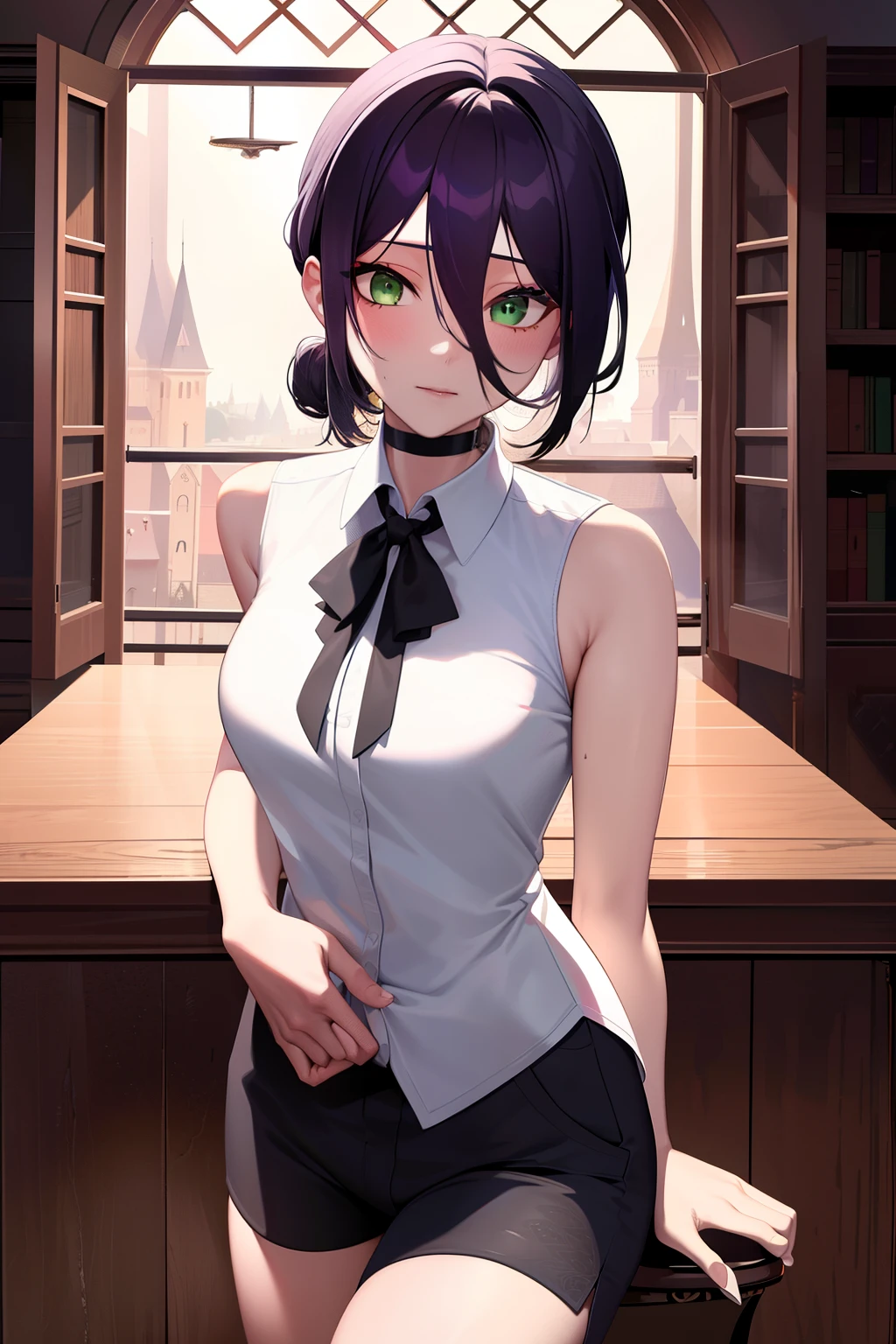 masterpiece, ((ultra detailed background, delicate pattern, intricate detail)), (highly detailed, fine details), best quality, beautiful lighting, ((medium breasts, slim girl)), Reze, 1girl, solo, green eyes, choker, hair between eyes, multicolor hair, purple hair, black hair, hair bun, short hair, ((white shirt, collared shirt, sleeveless, ribbon, black shorts)), blush,  complex detailed background, inside, castle room environment, medieval castle, gray walls, window, bookshelf, (cowboy shot),  