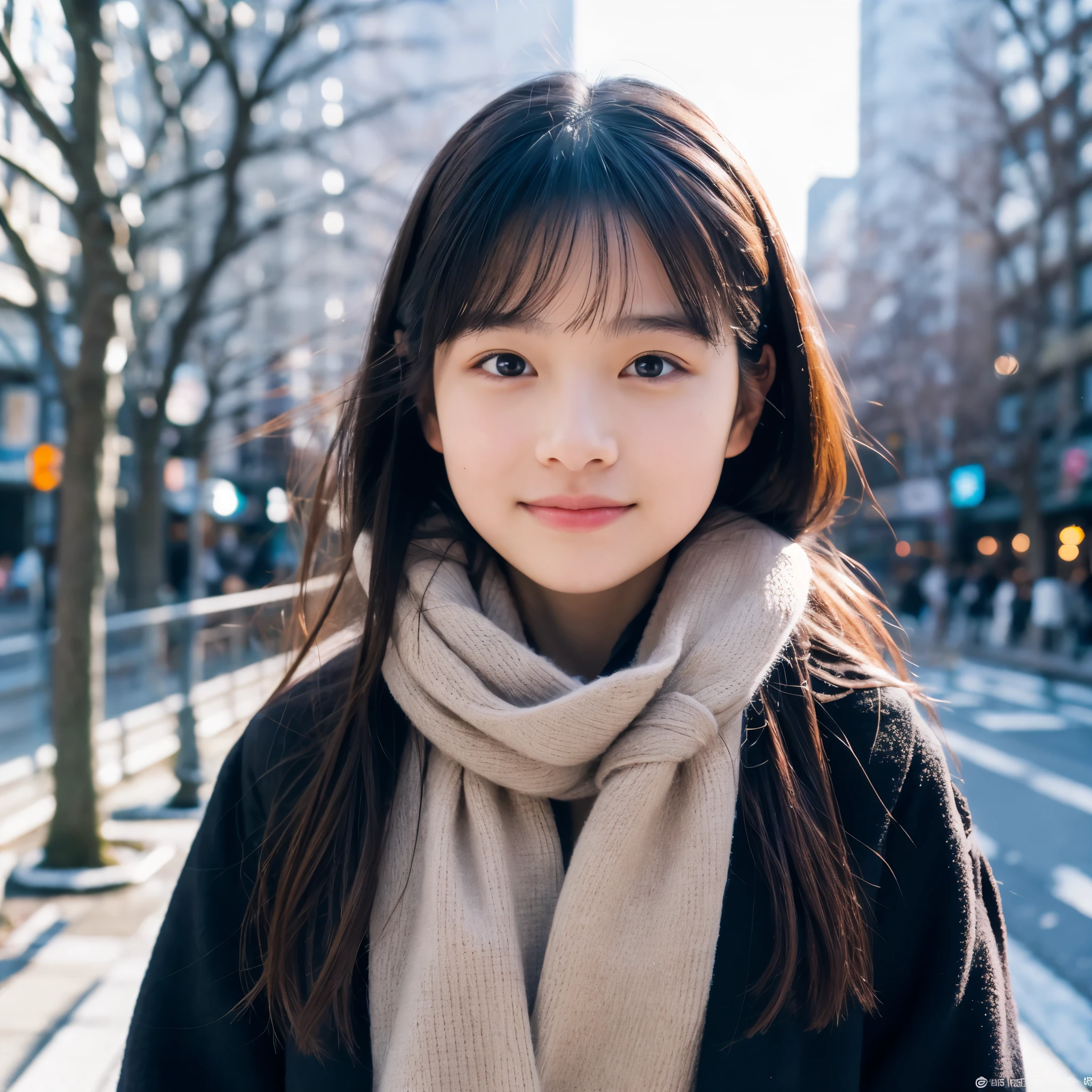 photorealistic, 8k full-length portraits, Beautiful woman, A charming expression, Clear system, 16 years old, Tokyo, winter, Shibuya in the background