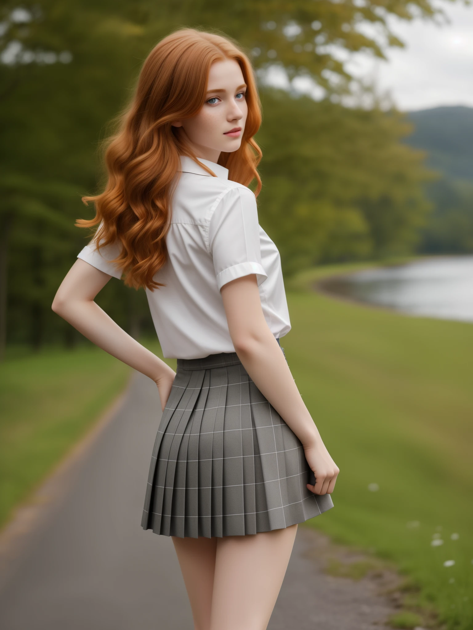 1girl in, age19, Solo, Aesthetic artwork, irish  redhead, wavy ginger hair, shoulder length ginger hair, gray eyes, light grey eyes, some small freckles, pale skin, A-cup, small breasts, runners body, fullbody shot, (textured skin, skin pores:1.1), (moles:0.8), imperfect skin, goosebumps, (Pose with back to camera), bending over,  ((ultra short skirt)), ass, shirt, beautiful nature location, around flower location, (detailed background), plaid skirt, white shirt, Show a little chest through the shirt, loafers, blurry background, blurry, holding, plaid, short sleeves, jk ribbon on the neck, jk ribbon, water, school uniform, jewelry, parted lips, lips, from side, pleated skirt, depth of field, (extremely detailed 8k wallpaper), soft lighting, high quality, film grain, Fujifilm XT3 sharp focus, f 5.6, 50mm, High Detail, Sharp focus,(natural light), (seductive), Realistic, ultra realistic, photo realistic, crazy details, complex details, hyper detailed,