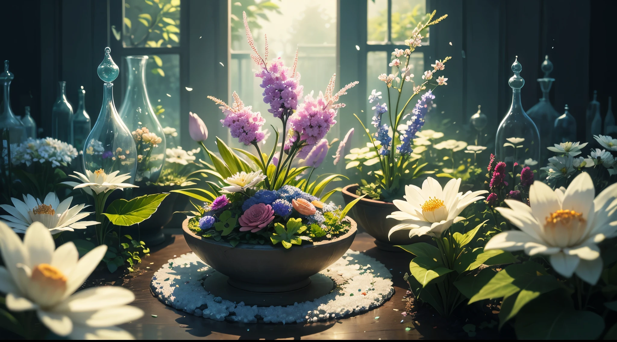 (best quality,ultra-detailed),glass flowers,ethereal,translucent petals,delicate beauty,sparkling colors,fragile stems,light reflections,vibrant garden,subtle glow,iridescent light, dreamlike atmosphere,artistic masterpiece,impressionistic rendering,soft pastel tones,colorful blooms,endless variety,luminous garden,transparent beauty,mesmerizing patterns,crystalline details,fantastical flora,graceful arrangements,elegant glasswork,fairytale garden,ethereal enchantment,serene ambiance,whimsical creation,delicate craftsmanship, mesmerizing display,shimmering garden.