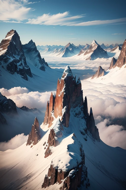 Best quality, masterpiece, ultra high res, (photorealistic:1.4), raw photo, mountains, above sky, clouds,