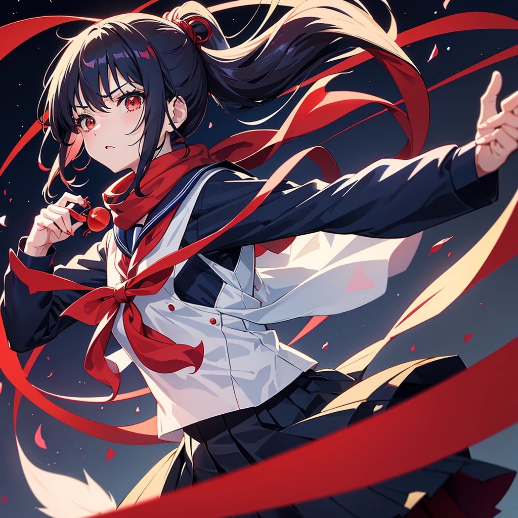 Japanese anime style 2015,masterpiece,best Quality,1girl,cool,Sukeban,(a yo-yo in hand), decisive pose, navy blue school uniform,sailor,long sleeves,red scarf,red thimble gloves, long pale black hair, ponytail, bangs, (angry:0.8),at school,spot lighting,dynamic angle,black background,aura,