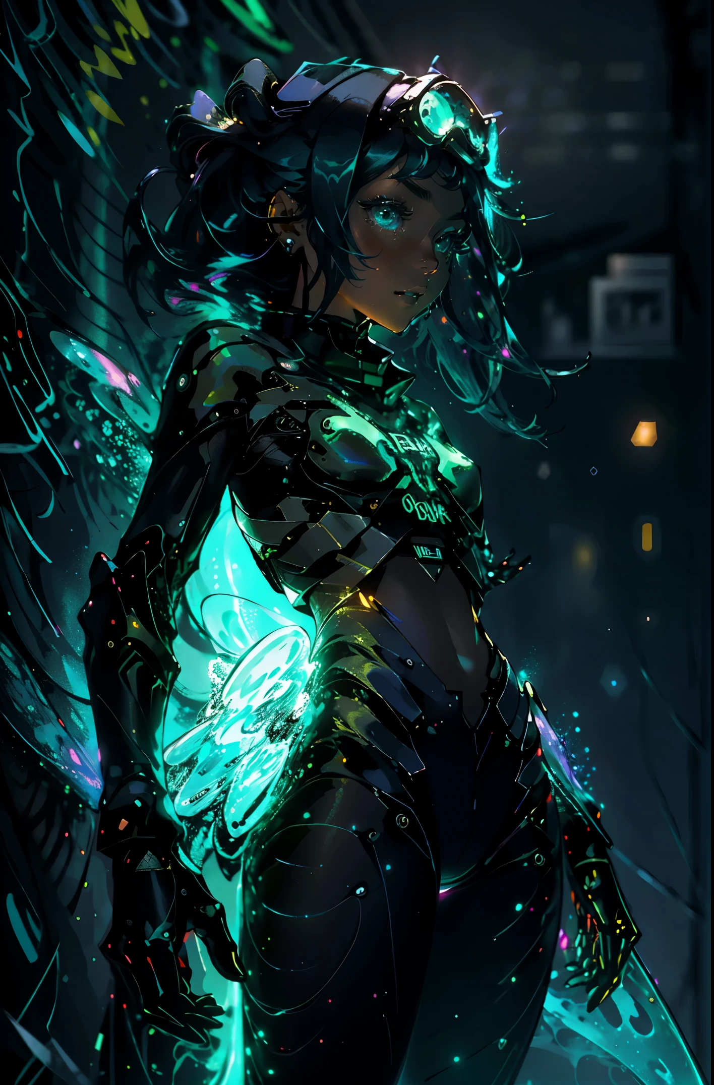 cute young woman, ultra high quality, volumetric, bioluminescence, luminism,
