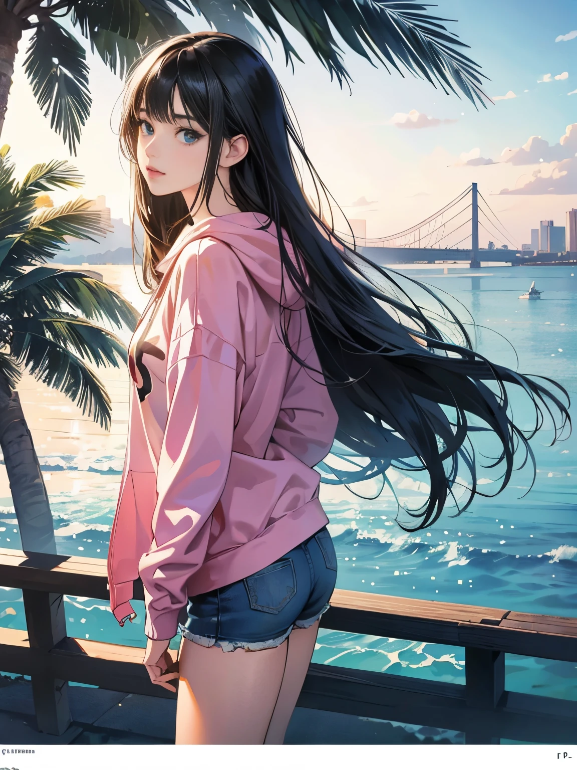 Palm trees, seaside, Anime girl with long black hair, Wearing a hoodie, blue jeans, Perfect tall model body type, cool beauty, Urban girl, Anime drawing by Yang J, Trending at Art Station, realism, extremely detailed art germ, Realistic anime 3d style, anime style 4 k, up to the model | art germ, anime style. 8k, casual clothes, realistic anime art style, style art germ, best quality, perfect angle, perfect composition, best shot, official art,CD jacket, 80s city pop, Very stylish