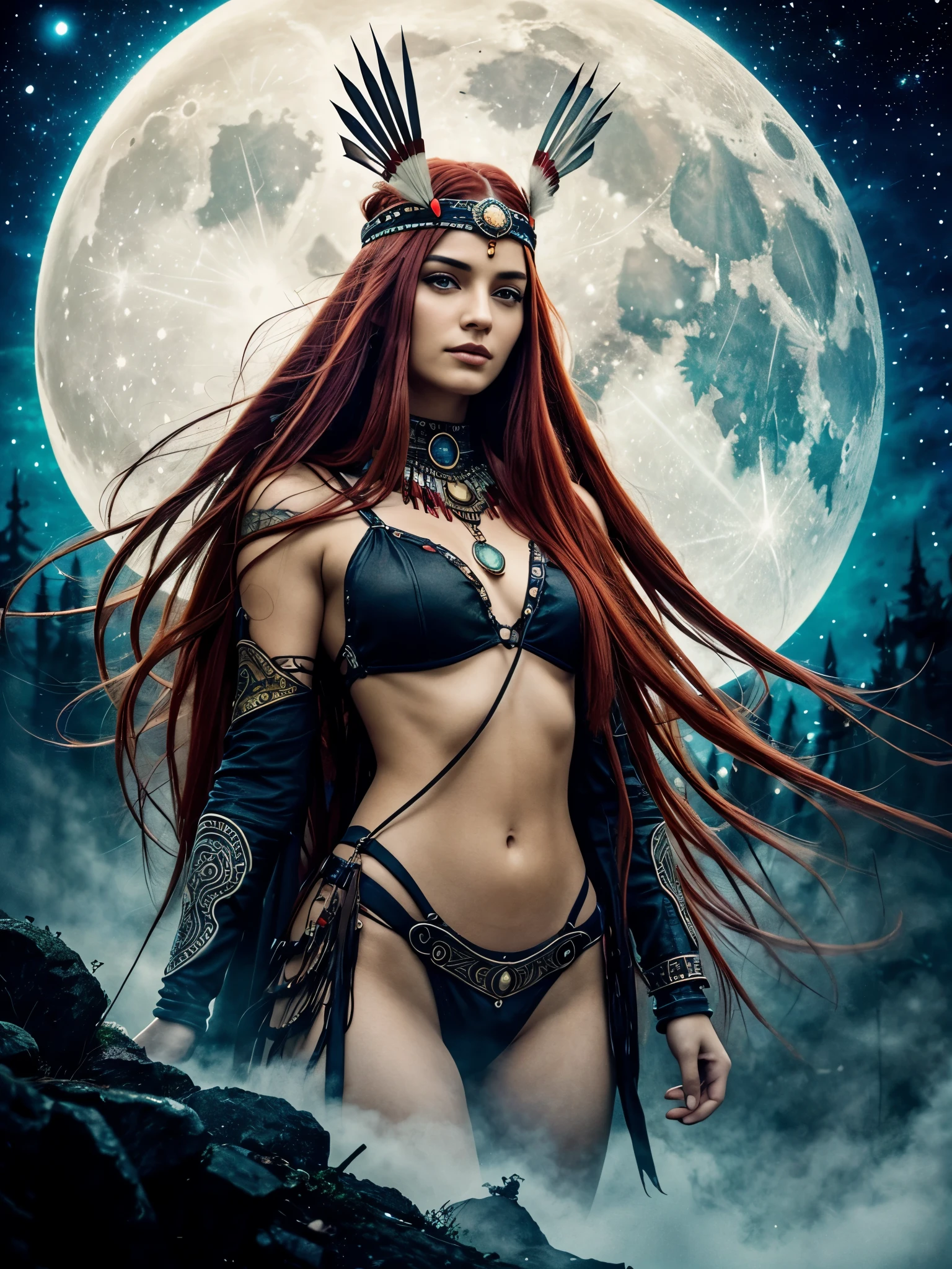 A beautiful red haired girl with a native American chief headdress. Luis Royo bookmark of surrealistic dreams, magic, watercolor, ink, acrylic, double exposure, futuristic, fantasy, great detail, mid-night, moon, fog, gothic gloom, art on a cracked paper, storybook detailed illustration, cinematic, ultra highly detailed, tiny details, beautiful details, mystical, luminism, vibrant colors