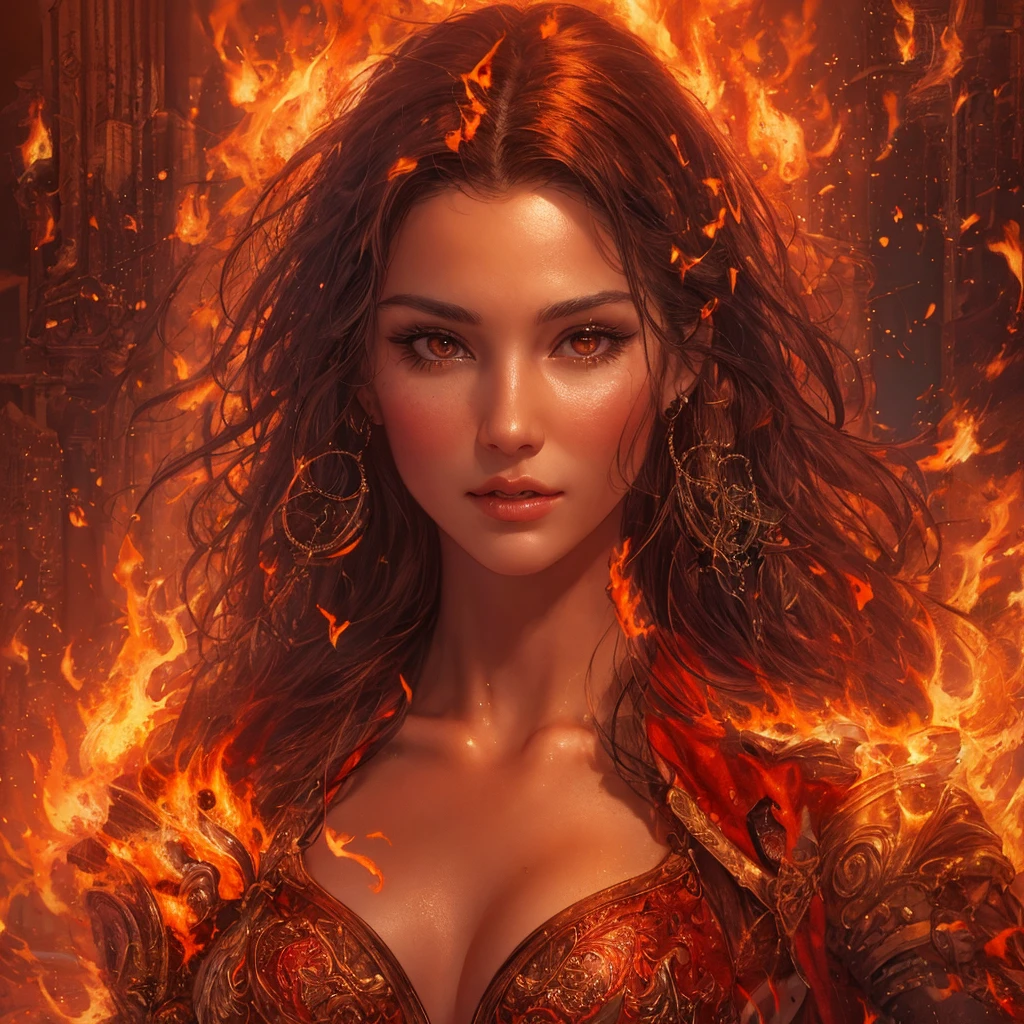 photo of pretty woman, ( fire dress, burning, she has fire, controlling fire:1.2), full body, slim abs ,shiny skin ,ultra-detailed face, detailed eyes, lustrous lips ,subtle smile, red tones, realistic style with fantasy elements , charming realistic characters, (Surrealism, complex background:1.1) (official art, unity 8k wallpaper, ultra detailed, beautiful and aesthetic, masterpiece ,best quality:1.3)