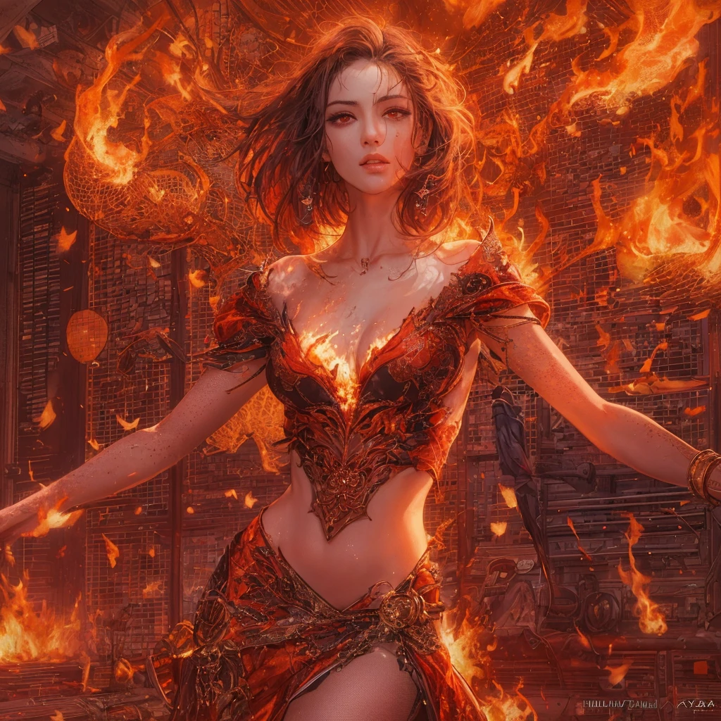 (Surrealism, complex background:1.1) (official art, unity 8k wallpaper, ultra detailed, beautiful and aesthetic, masterpiece ,best quality:1.3,full body, slim abs ,shiny skin ,ultra-detailed face, detailed eyes, lustrous lips ,subtle smile, red tones, realistic style with fantasy elements,nsfw(1girl, solo)18 year old,{{{small breasts}}}small body,(dark tan skin), (dark-skinned female, tanned)short cut,bright red hair, burning eyes, realistic eyes,charming realistic characters,(red sexy,burning dress, burning, she has fire, controlling fire:1.2)(open clothes,torn clothes,)(see-through,translucent,transparent,)(show off nipple,bare breasts)
