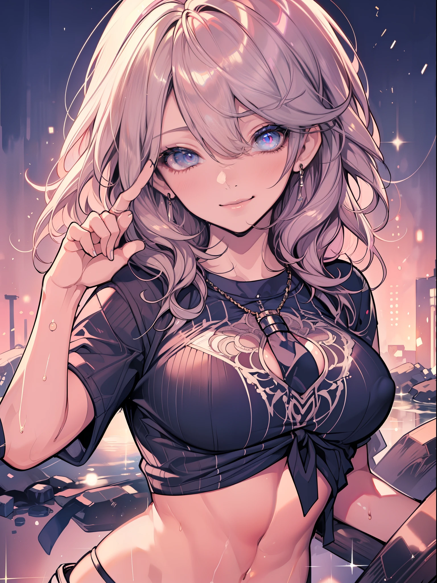 erotic sexy, 1 mature woman, (muste piece: 1.2), (Excessive skin shine and reflections: 1.5), (fully detailed), (very detailed and beautiful: 1.1), erotic and sexy smile, gorgeous beauty, toned and muscular body, front tie top, t-shirt,midriff peek, random hairstyles, random sexy pose,