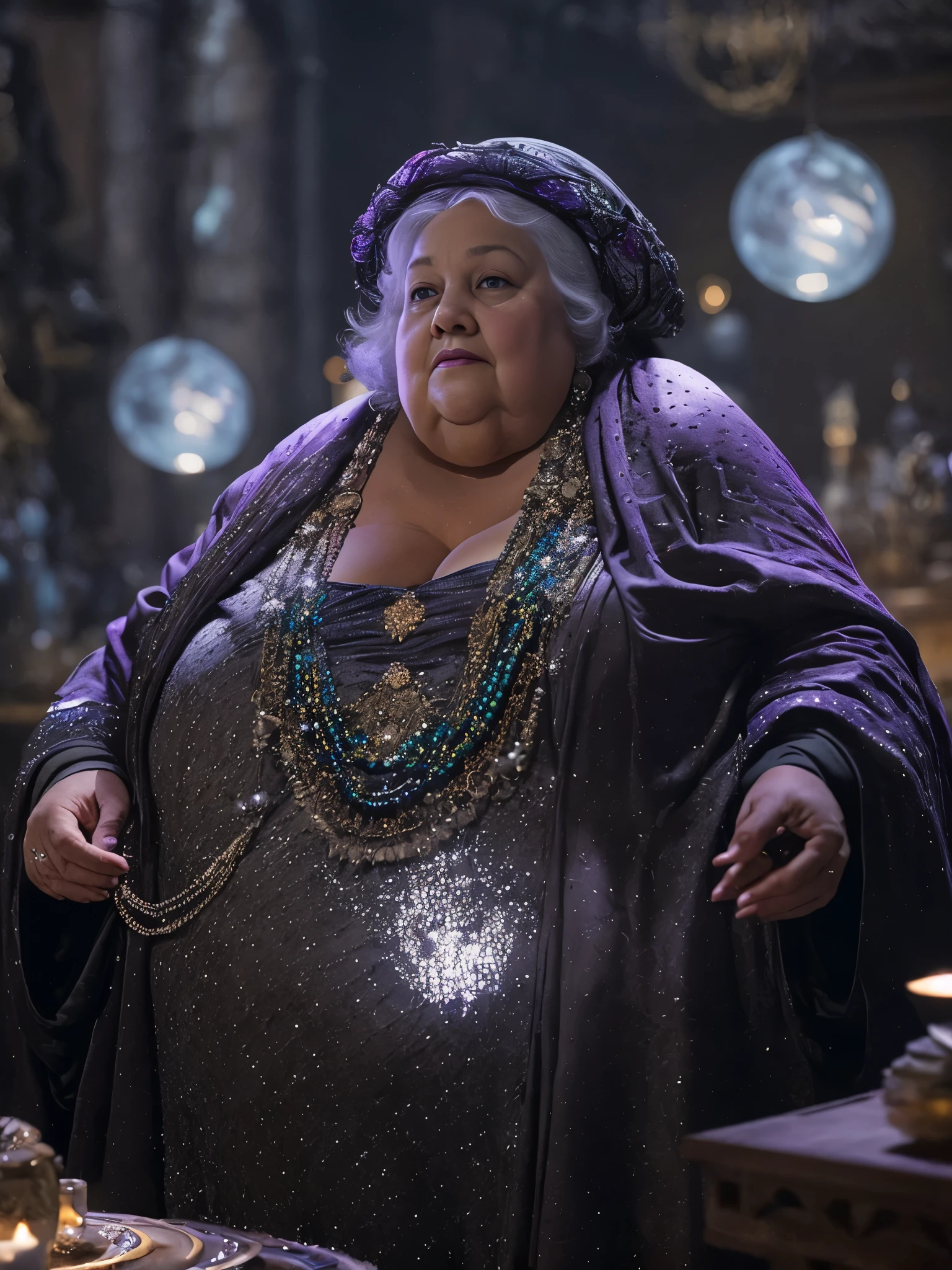 Cinematic soft lighting illuminates the obese old woman in stunning detail and surrealism , Wearing gorgeous purple and black wizard robes studded with gems, The body is full of fat,deformation, Background gray interior, Popular content on ArtStation. Octane is the perfect tool to capture the softest details of this 16k photographic masterpiece