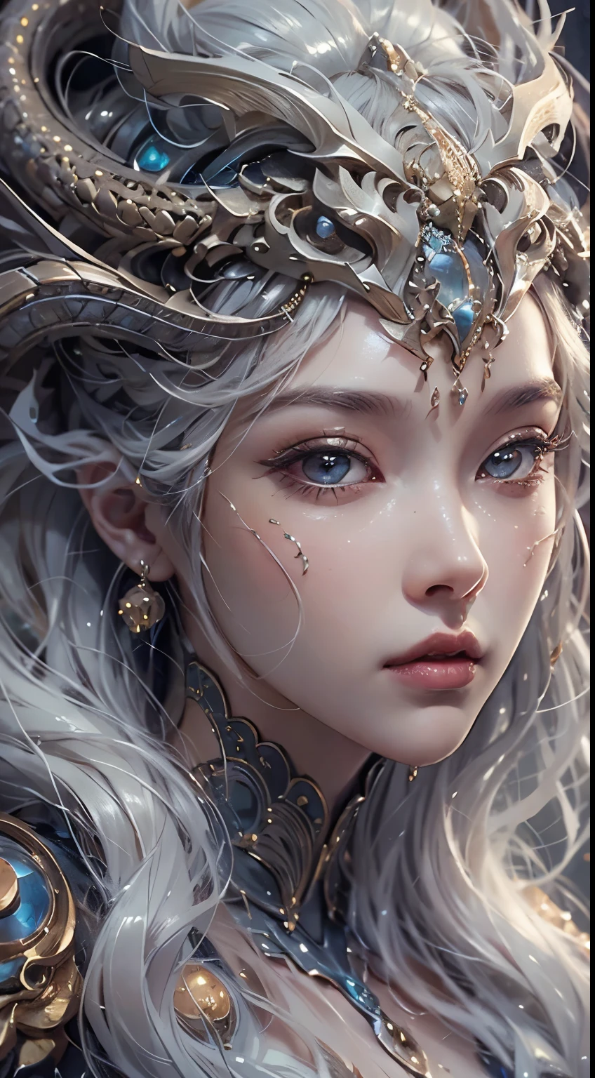 best quality,Super detailed,Best Best Illustration,best shadow,masterpiece,high resolution,professional artwork,famous artwork),surreal style,Delicate eyes,cold eyes,Left and right eyes are different colors,Snake pupils,Eyes slightly closed,(eye focus),surface focus,Close-up of long-haired woman in silk textured clothing,silver hair,floating hair,There are dragon horns on the head,Extremely rich in details,3d goddess portrait,女神的Extremely rich in details,Stunning goddess portrait,Head portrait of goddeseautiful goddess portrait goddess body closeup portrait,Portrait of norse moon goddess,pure face_v1,Urzang-6500-v1 version.1,
