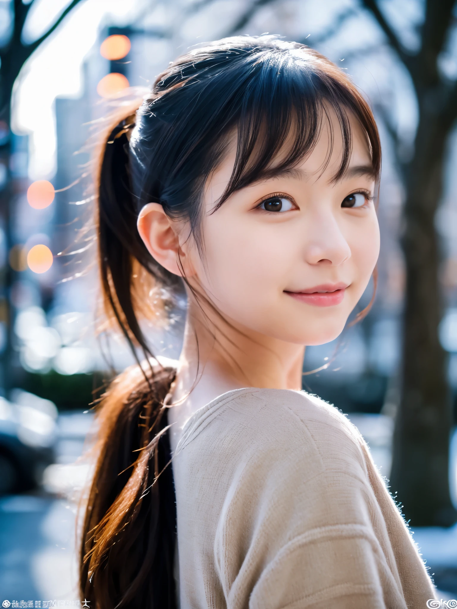 photorealistic, 8k full-length portraits, Beautiful woman, A charming expression, Clear system, ponytail, 20-year-old, Tokyo, winter, Shibuya in the background