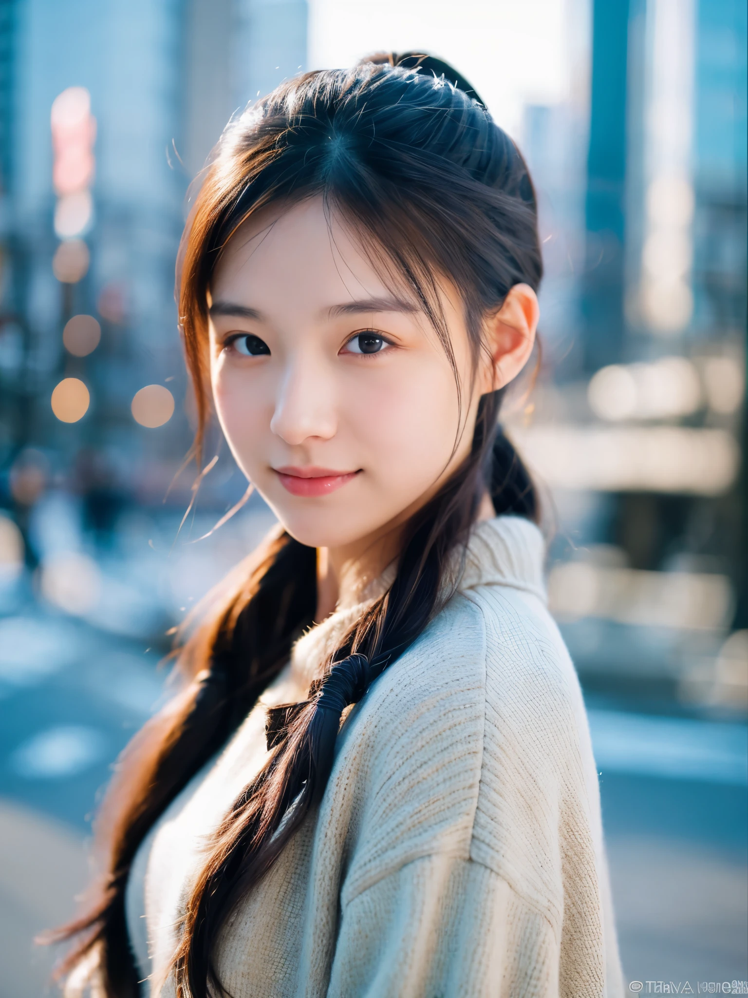 photorealistic, 8k full-length portraits, Beautiful woman, A charming expression, Clear system, ponytail, 20-year-old, Tokyo, winter, Shibuya in the background