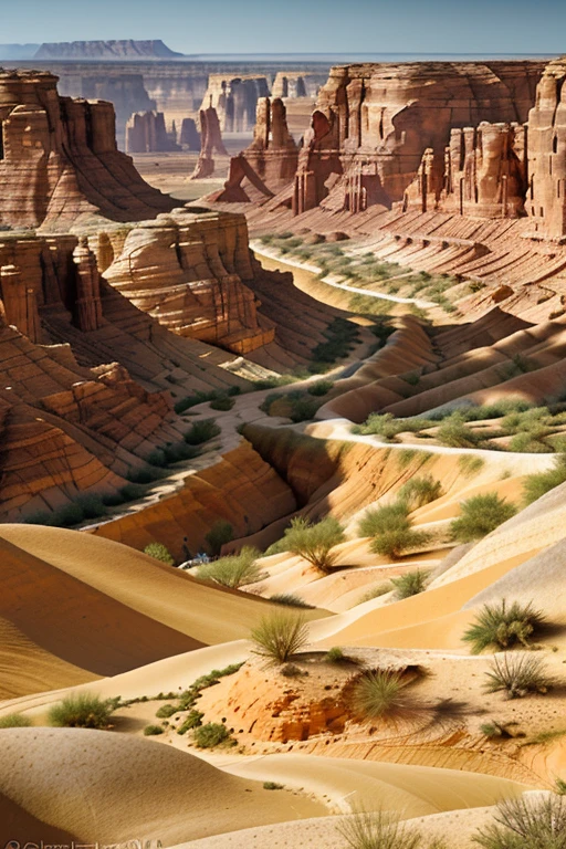 best quality,4k,8k,highres,masterpiece:1.2),ultra-detailed,(realistic,photorealistic,photo-realistic:1.37),HDR,UHD,studio lighting,ultra-fine painting,sharp focus,physically-based rendering,extreme detail description,professional,vivid colors,bokeh,desert canyon,mesmerizing view,scorching heat,sandy terrain,rock formations,unforgiving landscape,deep canyons,harsh sunlight,arid environment,orange hues,cacti,loneliness,majestic cliffs,twisting trails,distant horizons,serene silence,hidden oases,unexplored mysteries,sun-baked earth,surreal beauty,sand dunes.