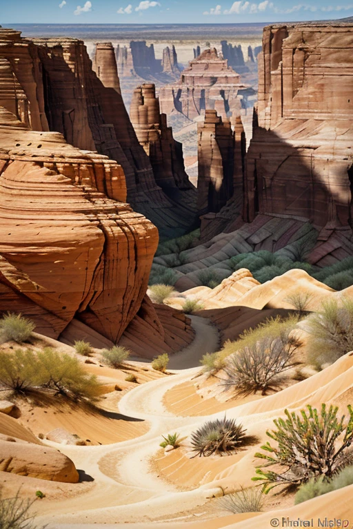 best quality,4k,8k,highres,masterpiece:1.2),ultra-detailed,(realistic,photorealistic,photo-realistic:1.37),HDR,UHD,studio lighting,ultra-fine painting,sharp focus,physically-based rendering,extreme detail description,professional,vivid colors,bokeh,desert canyon,mesmerizing view,scorching heat,sandy terrain,rock formations,unforgiving landscape,deep canyons,harsh sunlight,arid environment,orange hues,cacti,loneliness,majestic cliffs,twisting trails,distant horizons,serene silence,hidden oases,unexplored mysteries,sun-baked earth,surreal beauty,sand dunes.