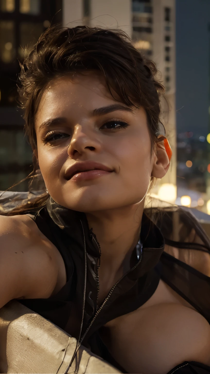 ((Best quality, 8k, Masterpiece :1.3)), Whole body, Sharp focus :1.2, A pretty woman with perfect figure :1.4, Slender abs :1.2, ((Dark brown hair, Big breasts :1.2)), Tank top dress :1.1, (Night city view, Modern balcony :1.1), Highly detailed face and skin texture, Detailed eyes, Double eyelid